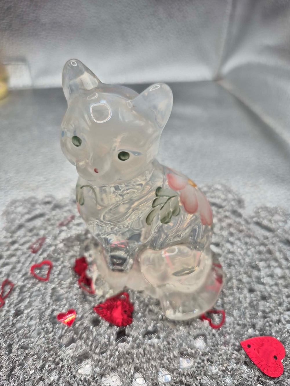 Vintage Fenton Opalescent Clear Glass Cat Hand-Painted Pink Flowers by P. Lane